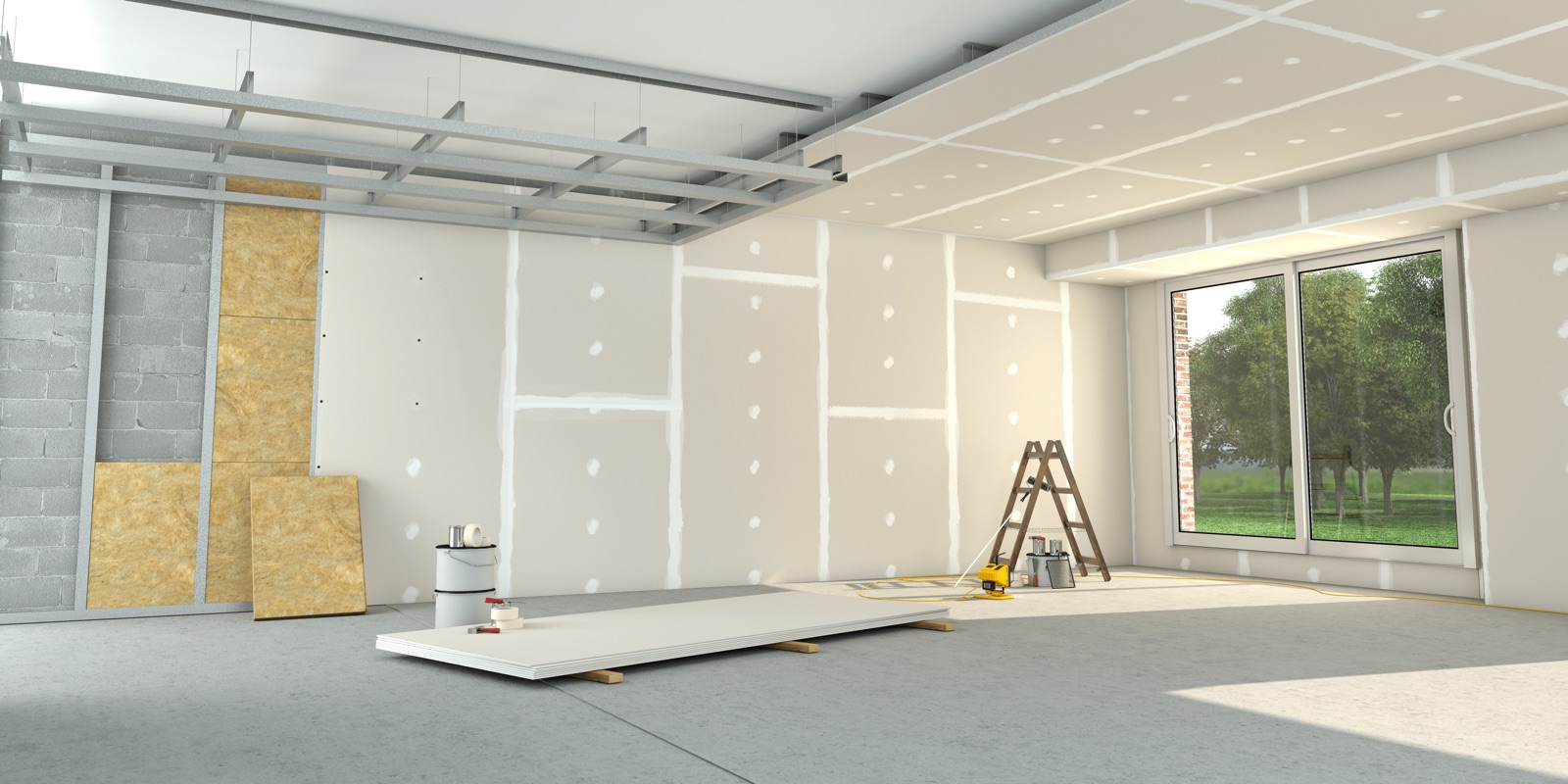 Corte ilustrativo mostrando perfil metálico, lã de vidro e placa de drywall até o acabamento final